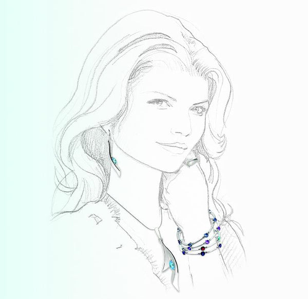 Pencil sketch of a woman wearing Joryel Vera jewelry