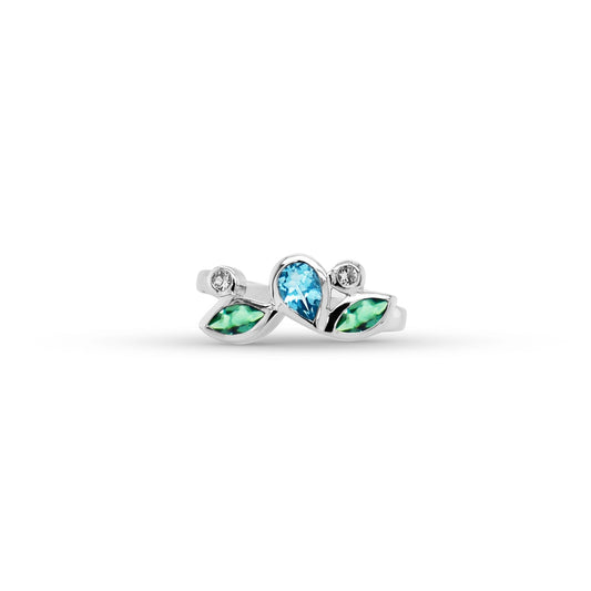 Swiss Blue Topaz, Green Quartz and White Topaz ring in sterling silver by Joryel Vera, style R3923