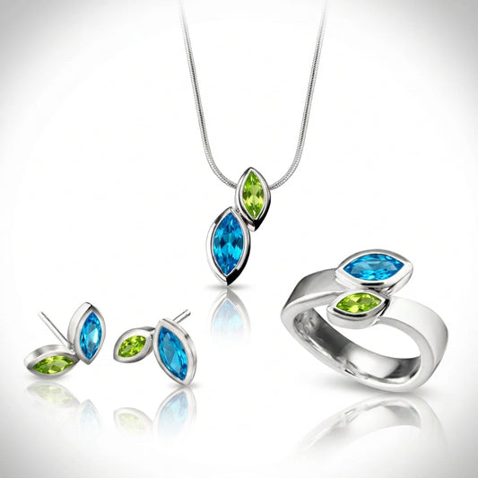 Blue Topaz and Peridot jewelry set in sterling silver by Joryel Vera, style SET202