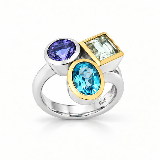 Blue Topaz, Iolite and Rock Crystal ring in sterling silver by Joryel Vera, style R6491