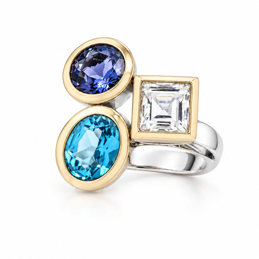 Blue Topaz, Iolite and Rock Crystal ring in sterling silver by Joryel Vera, style R6491 - view 3