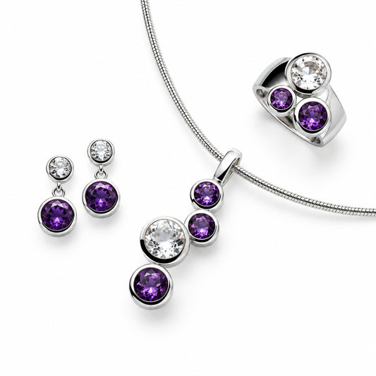 Amethyst and Rock Crystal jewelry set in sterling silver by Joryel Vera, style SET202