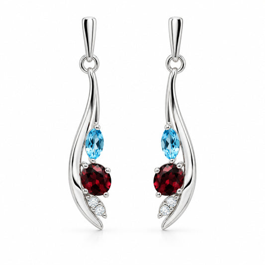 Rhodolite Garnet, Blue Topaz and White Topaz earrings in sterling silver by Joryel Vera, style E9898 - view 2