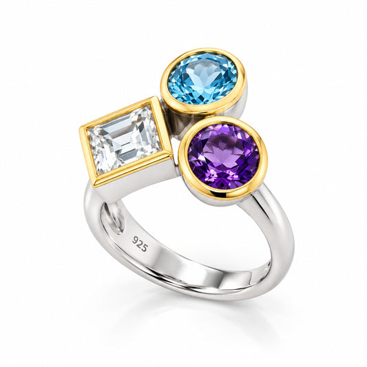 Amethyst, Blue Topaz and White Topaz ring in sterling silver by Joryel Vera, style R6491 - view 2