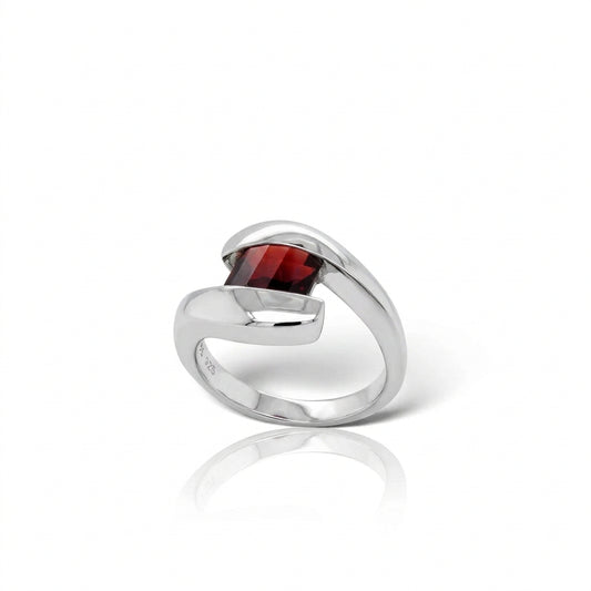 Blue Topaz and Garnet ring in sterling silver by Joryel Vera, style R4657 - view 2