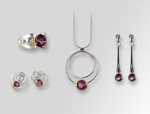 Load image into Gallery viewer, Amethyst and Blue Topaz jewelry set in sterling silver by Joryel Vera