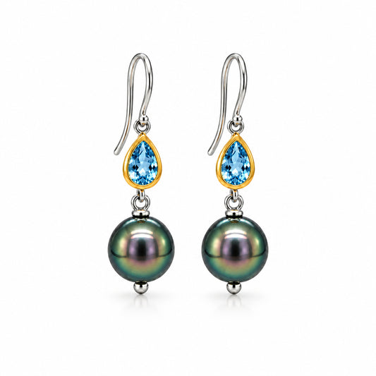 Blue Topaz and Tahitian Pearl earrings in sterling silver by Joryel Vera, style E5547