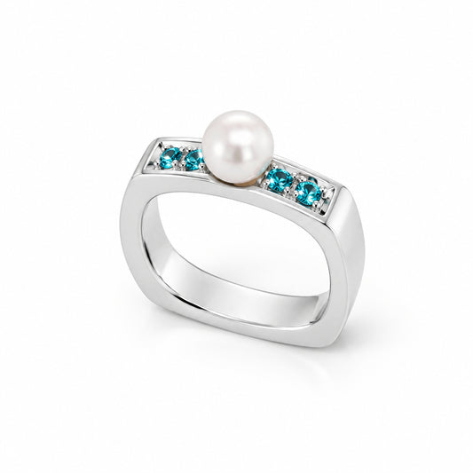 Blue Topaz and Pearl ring in sterling silver by Joryel Vera, style R1858