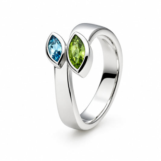 Blue Topaz and Peridot ring in sterling silver by Joryel Vera, style R3959