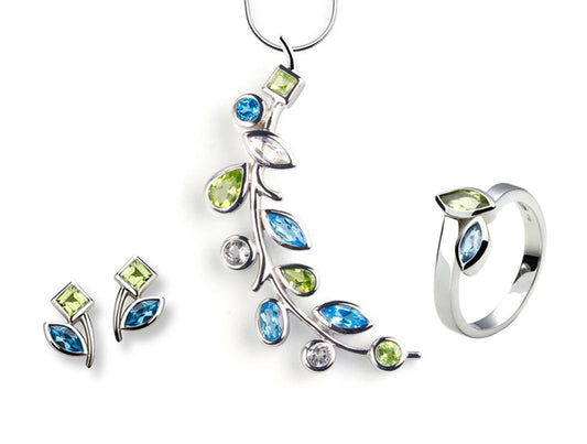 Blue Topaz and Peridot jewelry set in sterling silver by Joryel Vera, style SET510